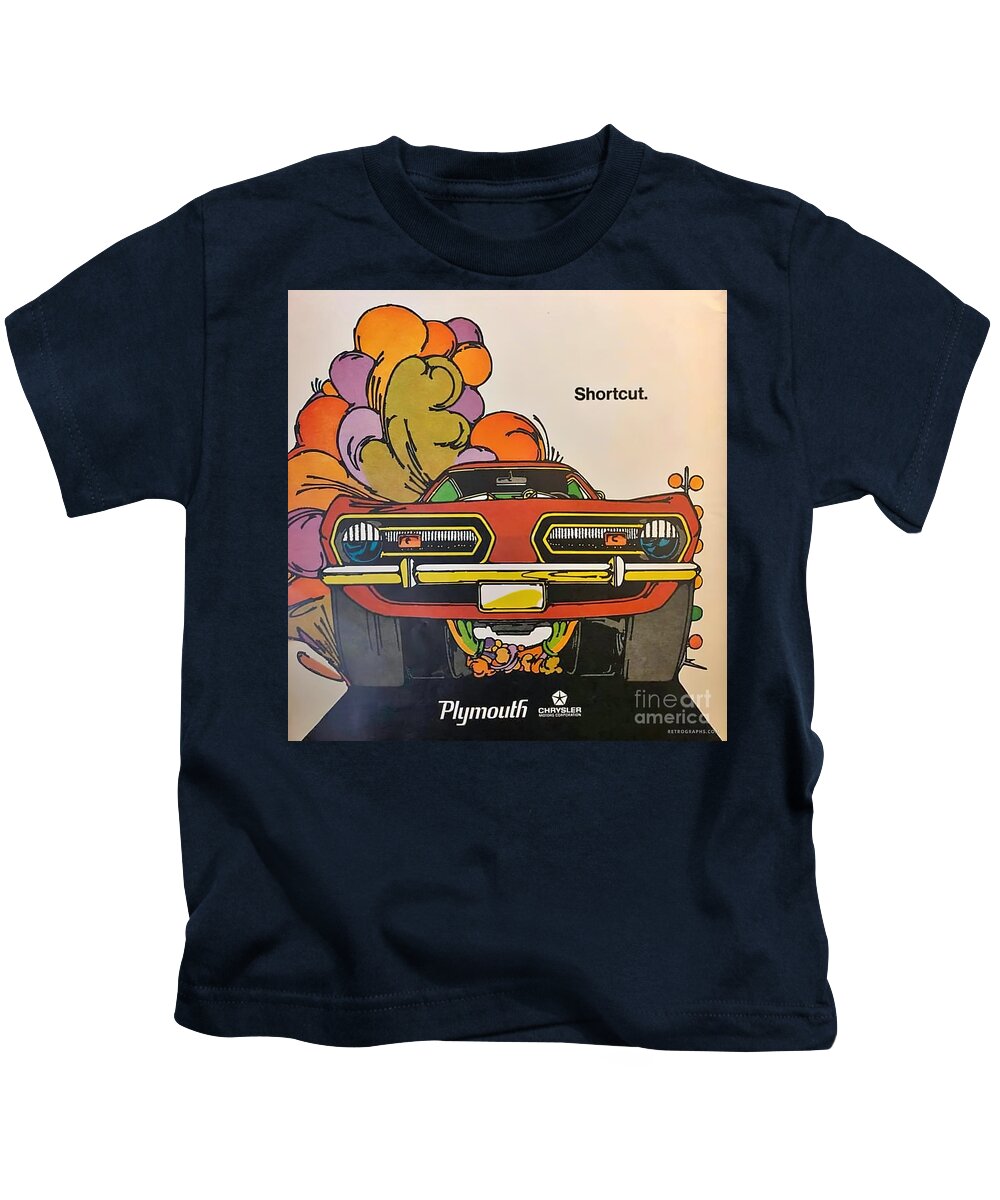 Vintage Kids T-Shirt featuring the mixed media 1970s Advertisement Plymouth Barracuda Shortcut by Retrographs