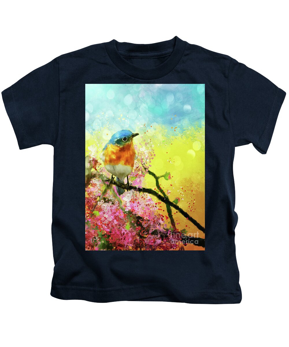 Bluebird Kids T-Shirt featuring the digital art A Bluebird On The Redbud by Lois Bryan