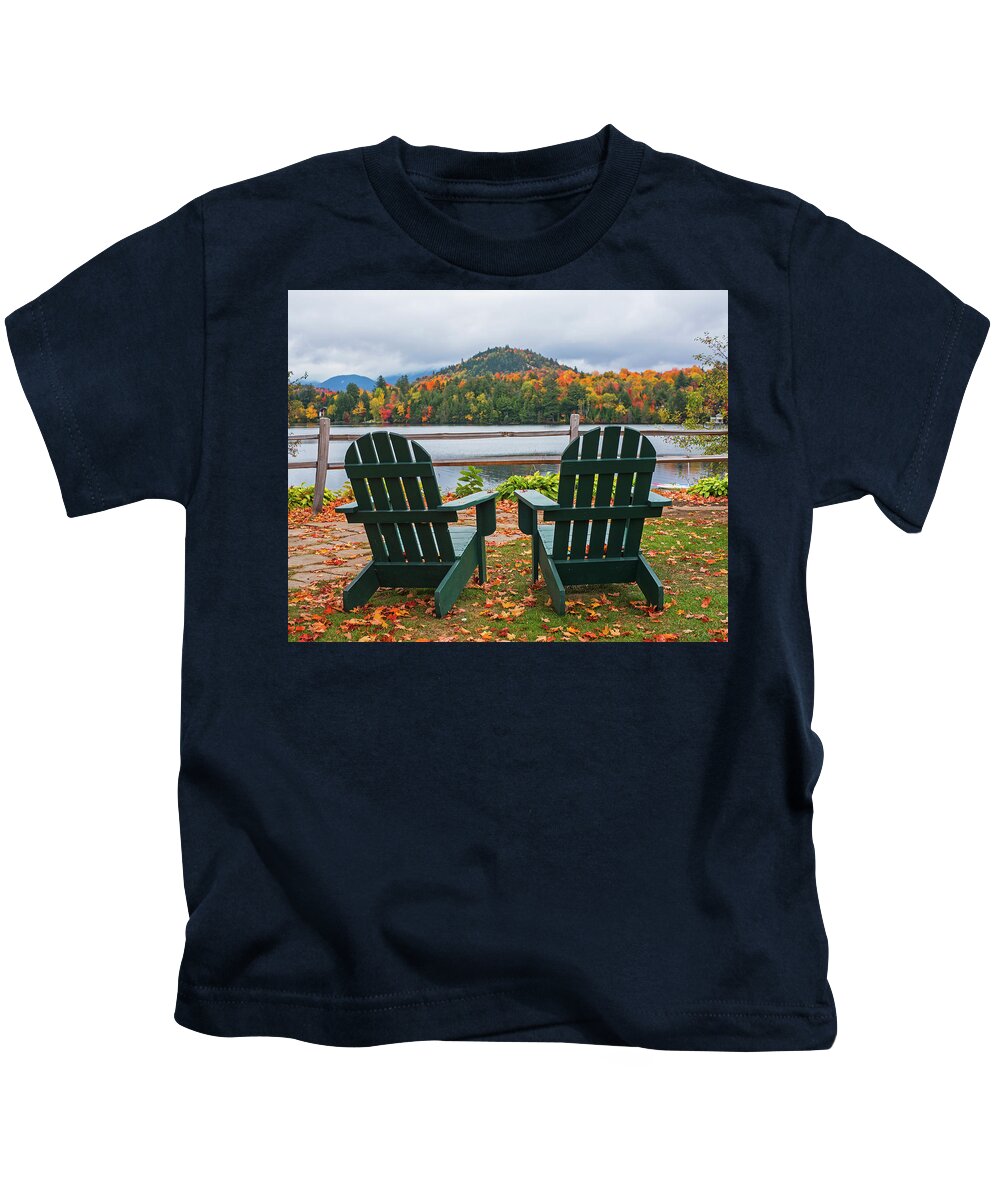 Mirror Kids T-Shirt featuring the photograph Adirondack Chairs in the Adirondacks. Mirror Lake Lake Placid NY New York by Toby McGuire