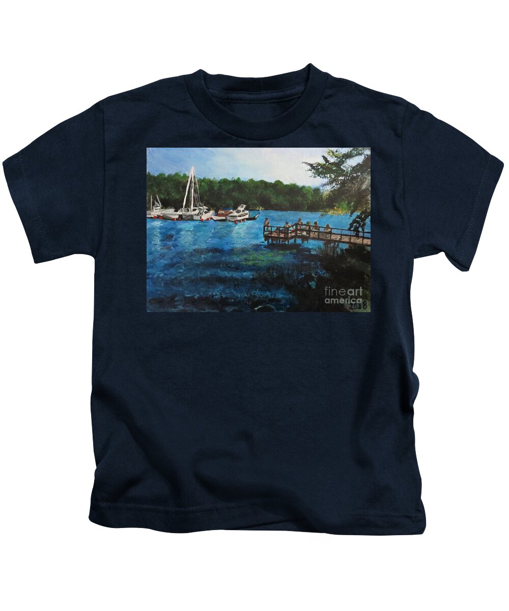 Blue Kids T-Shirt featuring the painting Arstaviken sunset, Sodermalm, Stockholm, Sweden by C E Dill