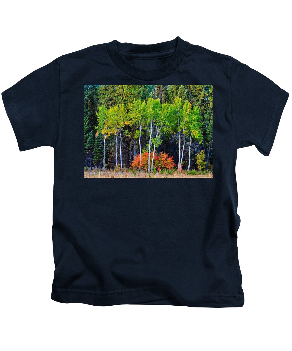 Idaho Kids T-Shirt featuring the photograph Green Aspens Red Bushes by Tom Gresham