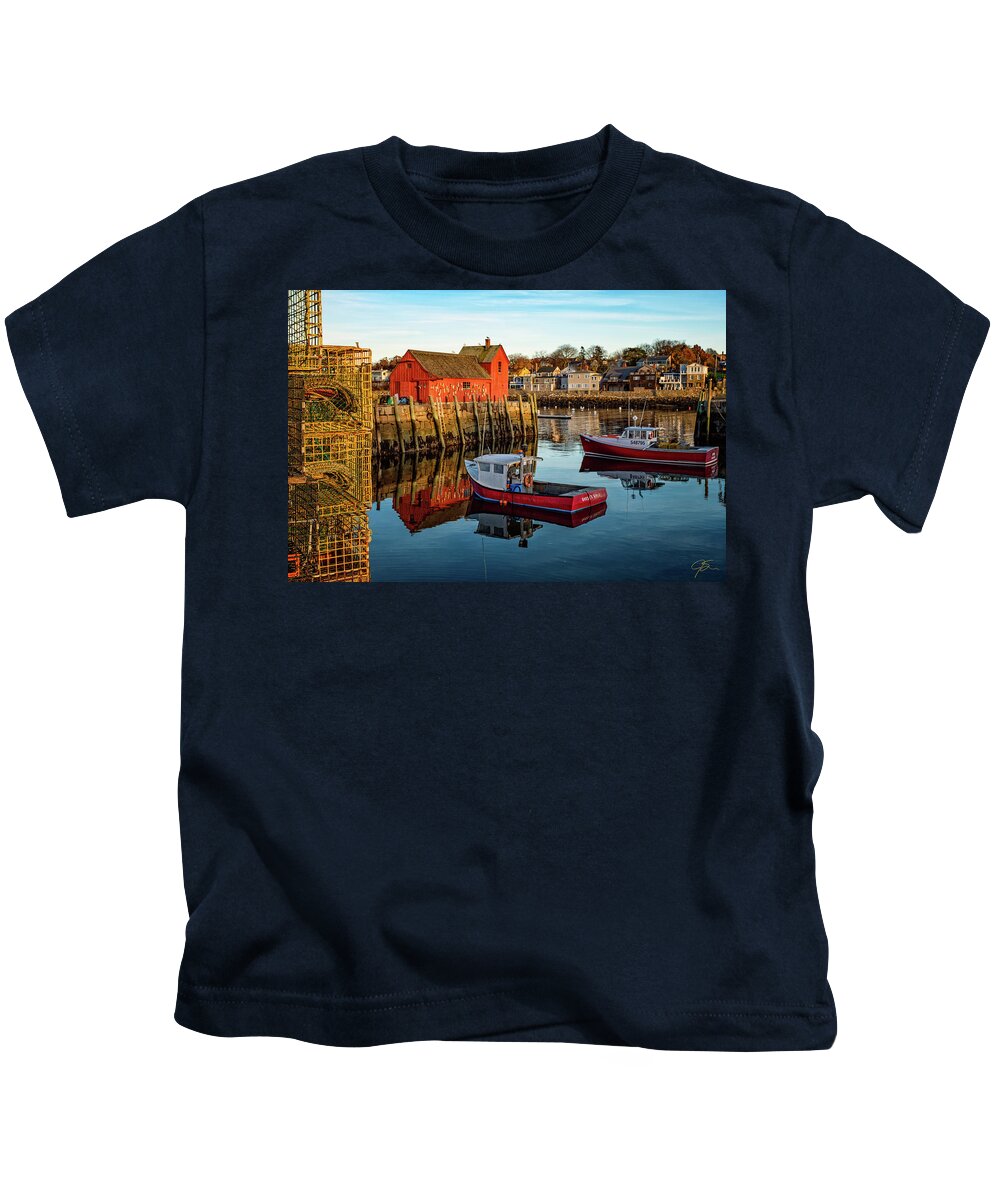 Massachusetts Kids T-Shirt featuring the photograph Lobster Traps, Lobster Boats, and Motif #1 by Jeff Sinon