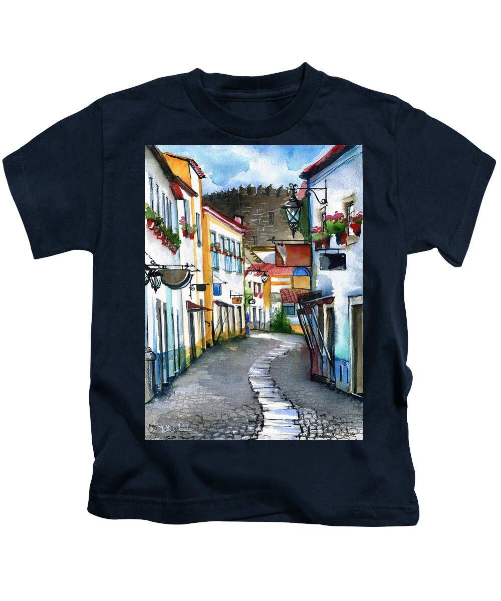 Portugal Kids T-Shirt featuring the painting Obidos Portugal by Dora Hathazi Mendes