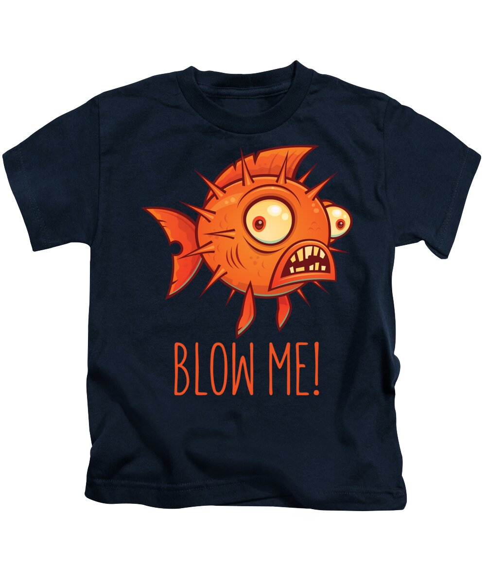 Pufferfish Kids T-Shirt featuring the digital art Porcupine Blowfish Cartoon - Blow Me by John Schwegel