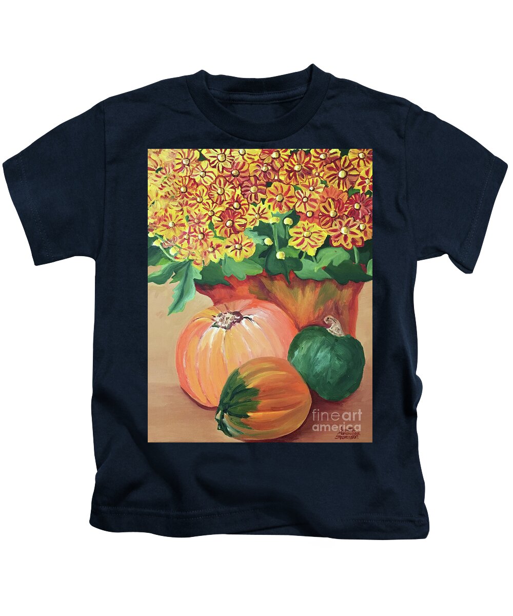 Pumpkin With Flowers By Annette M Stevenson;fall Season Collection By Annette M Stevenson Kids T-Shirt featuring the painting Pumpkin with Flowers by Annette M Stevenson