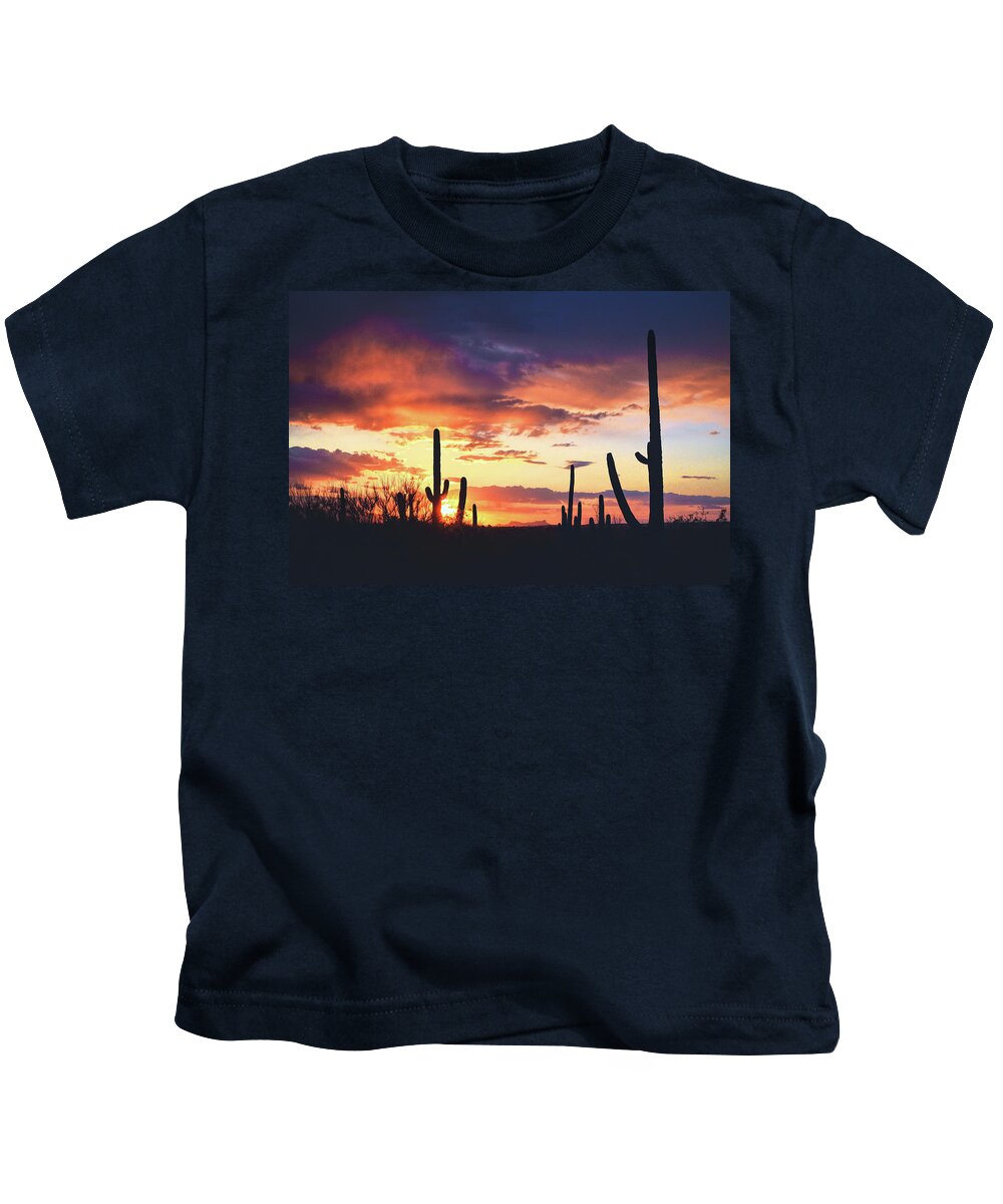 Tucson Kids T-Shirt featuring the photograph Saguaros watch the sunset by Chance Kafka