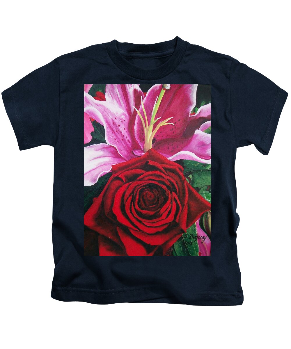 Lily Kids T-Shirt featuring the painting Scarlet Knight and a Lily by Sharon Duguay