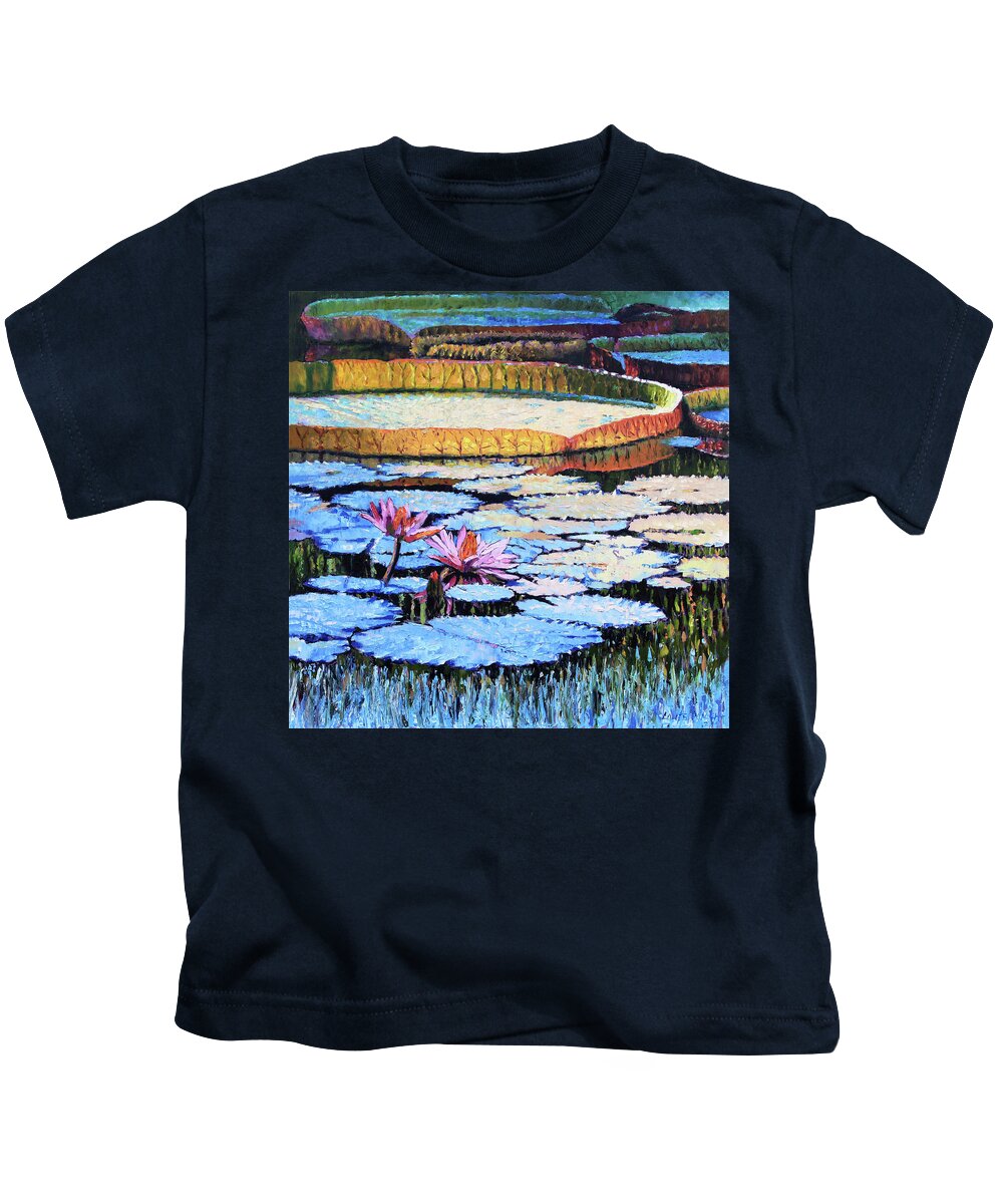 Water Lilies Kids T-Shirt featuring the painting Golden Light on Lilies #1 by John Lautermilch
