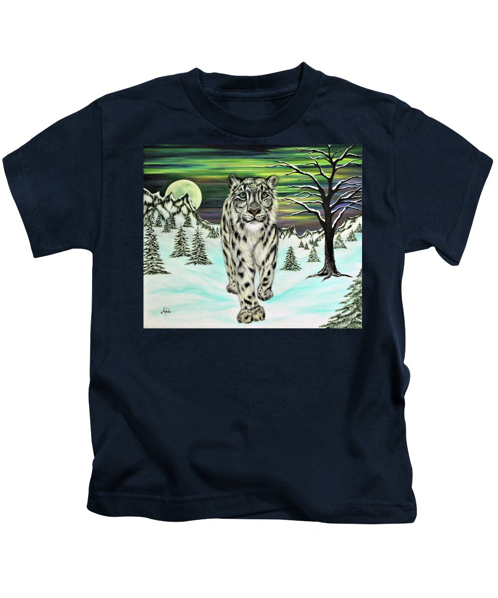 Snow Leopard Kids T-Shirt featuring the painting A Stroll in the Park #1 by Adele Moscaritolo