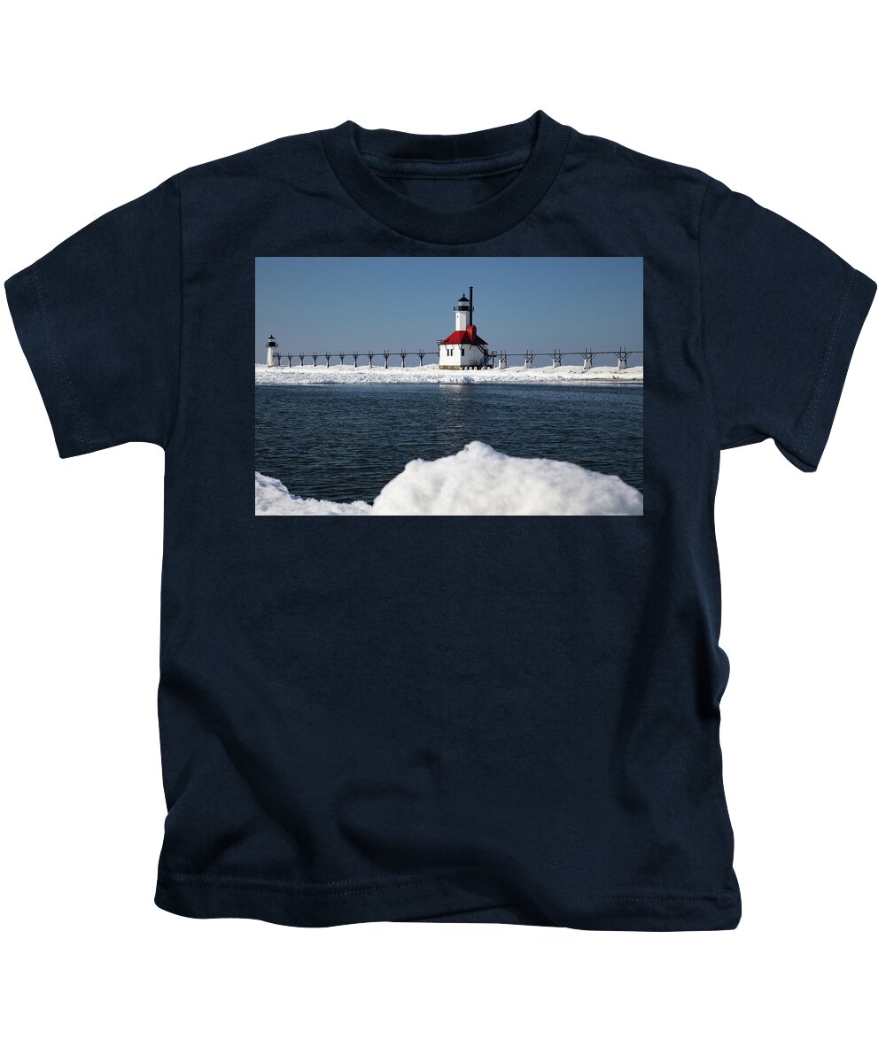 Lake Michigan Lighthouse Kids T-Shirt featuring the photograph St. Joseph Lighthouse in St. Joseph, Michigan along Lake Michigan in the winter by Eldon McGraw