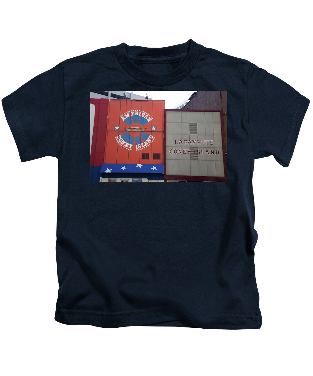 Lafayette Coney Detroit Kids T-Shirt featuring the photograph American and Lafayette Coney Island in Detroit Michigan by Eldon McGraw