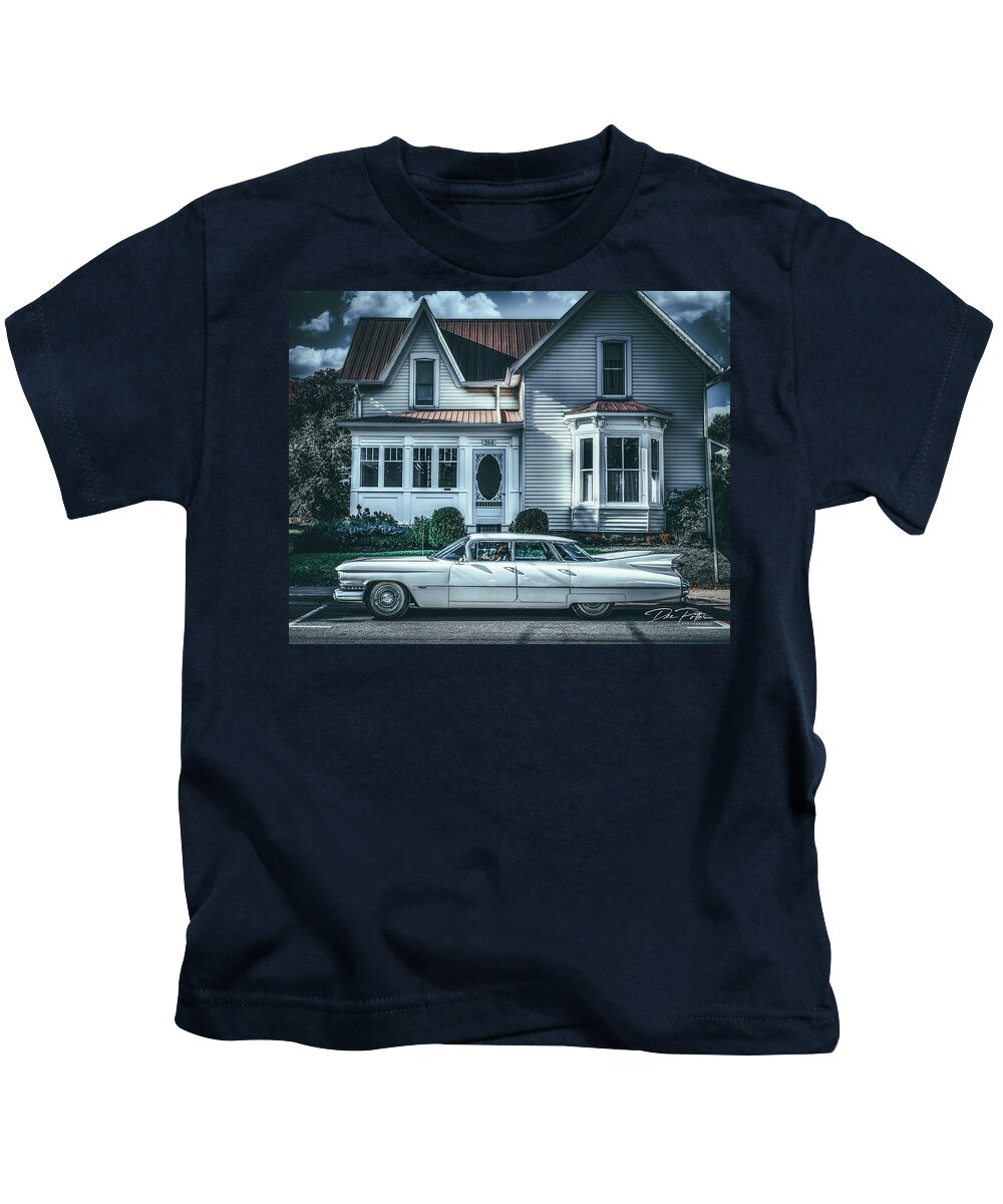 1959 Cadillac Kids T-Shirt featuring the photograph '59 Cadillac on Main Street #59 by Dee Potter