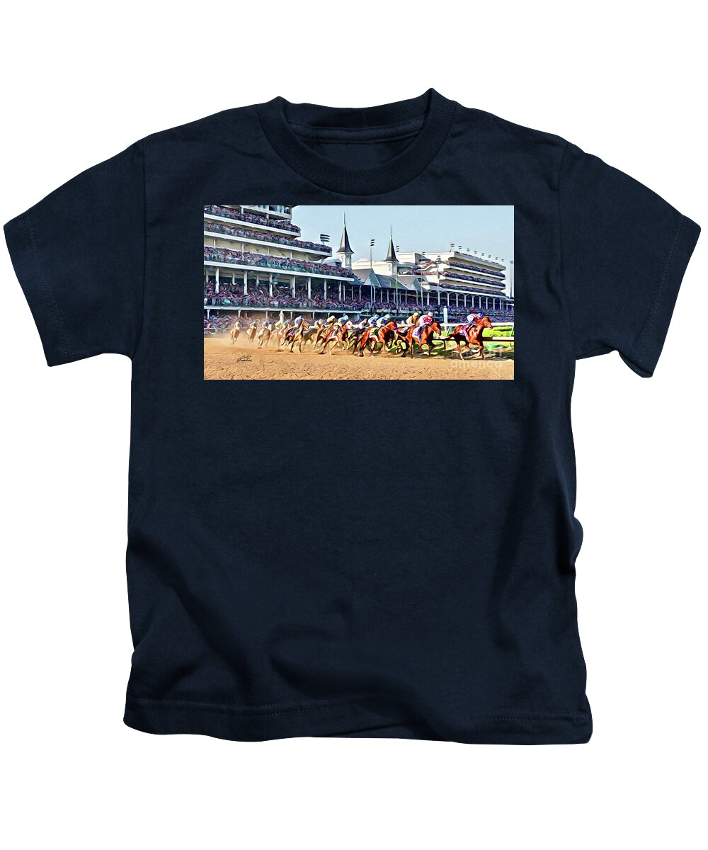 Churchill Downs Kids T-Shirt featuring the digital art Around The First Turn by CAC Graphics
