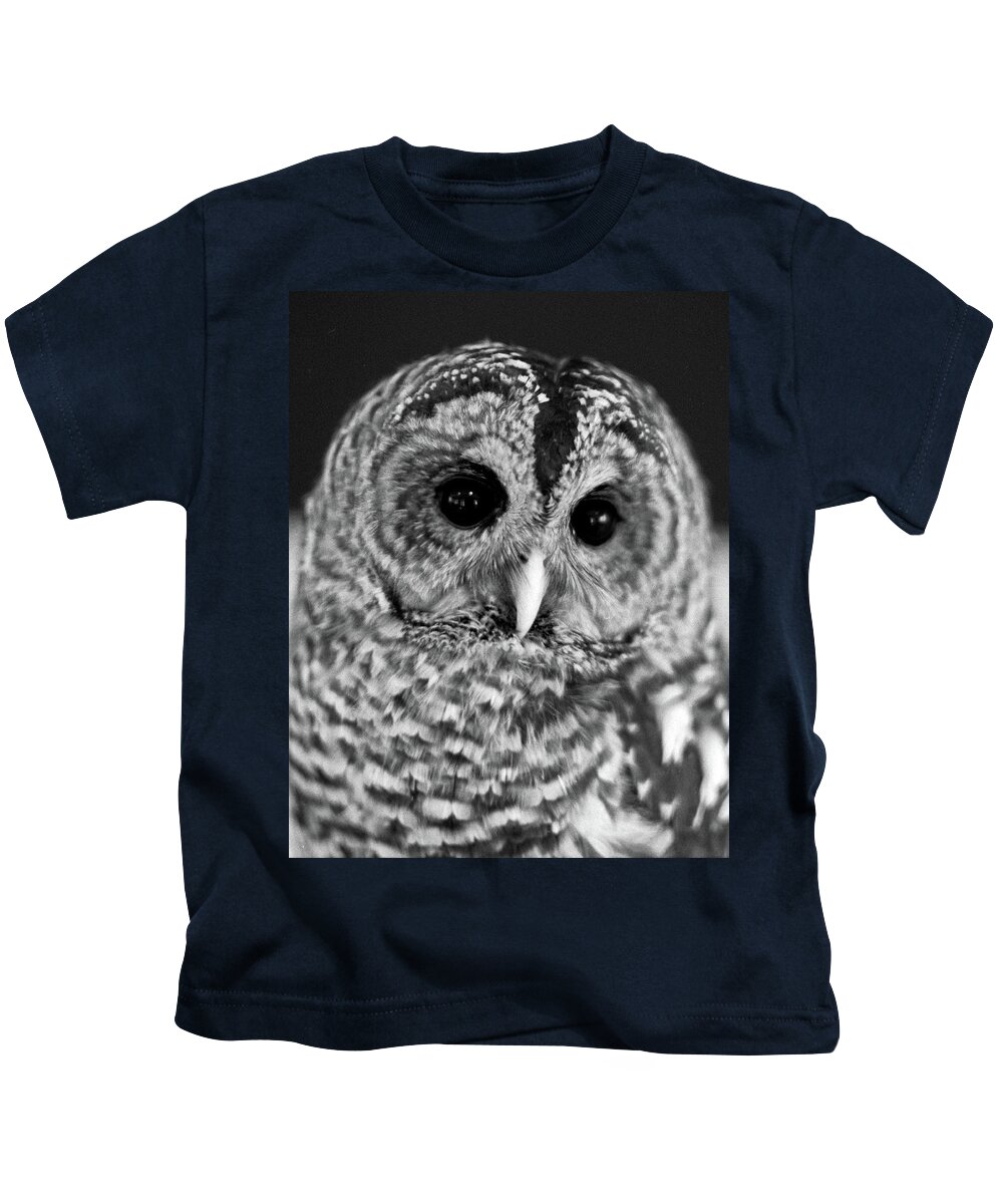 Owl Kids T-Shirt featuring the pyrography Barred Owl by Mike Bergen