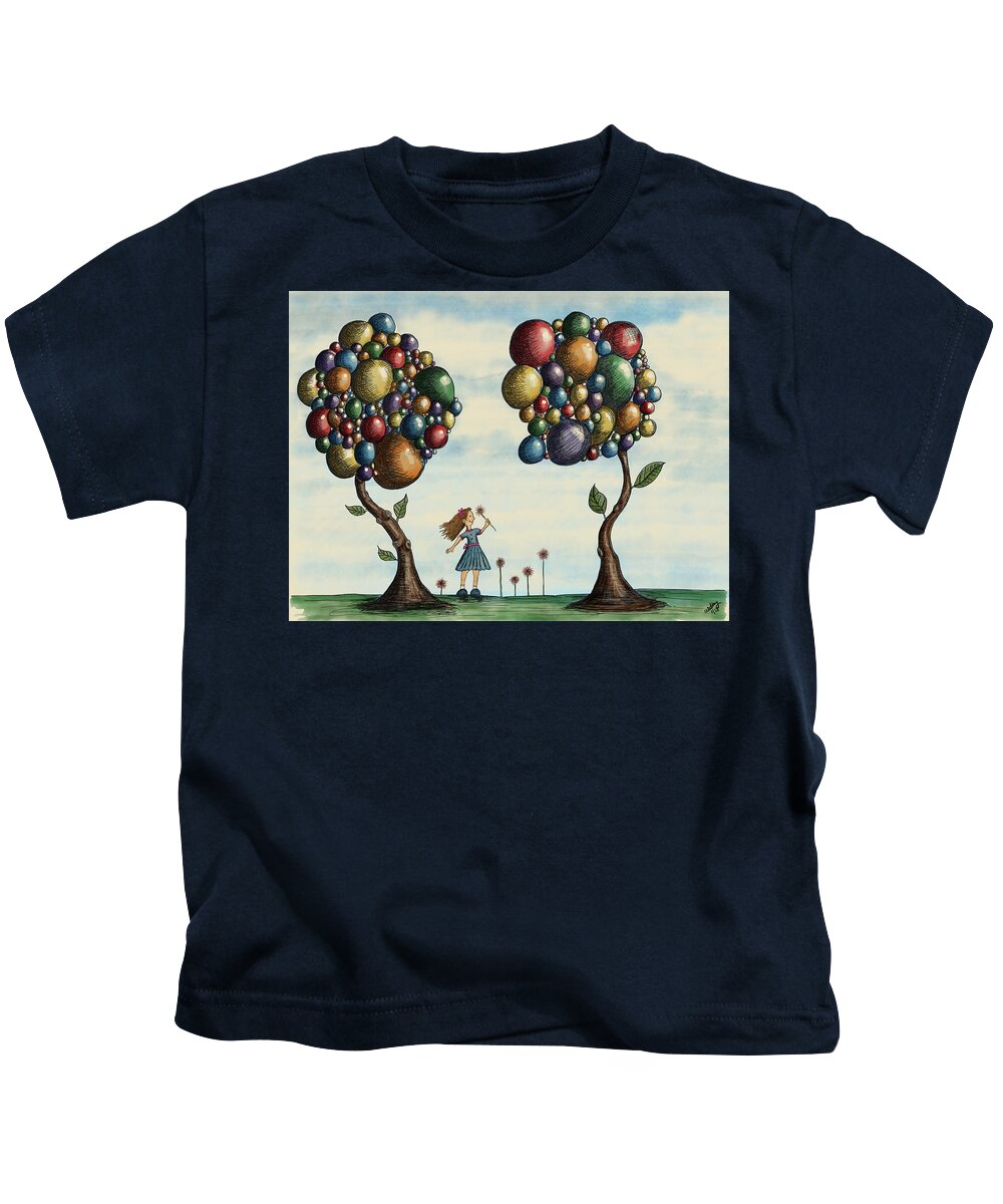 Illustration Kids T-Shirt featuring the drawing Basie and the Gumball Trees by Christina Wedberg