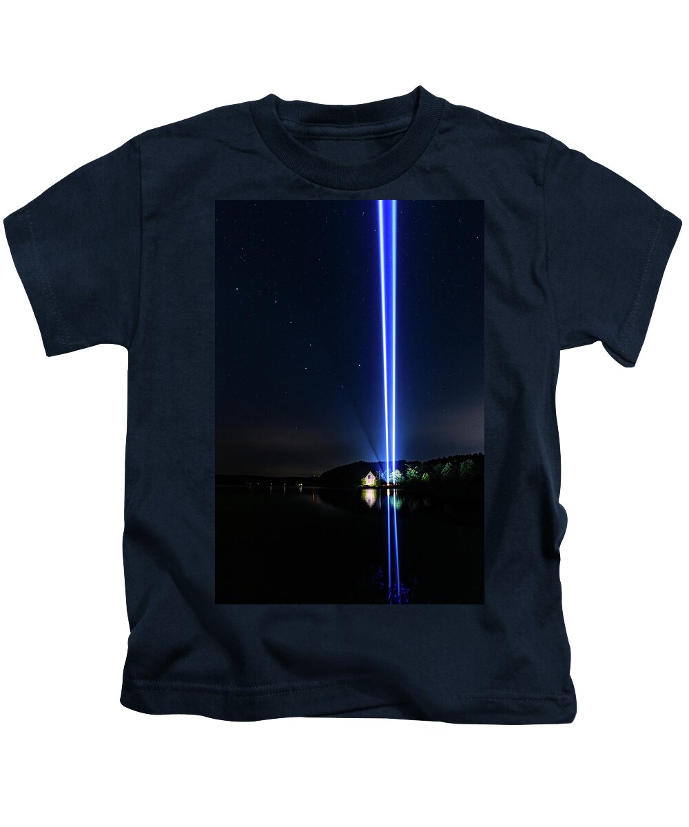 Big Dipper 9/11 911 Memorial Tribute Twin Towers Light Beam Beams Lightbeam Lightbeams Old Stone Church New England Newengland Usa U.s.a. America American Flag West W. Boylston Ma Mass Massachusetts Brian Hale Brianhalephoto Constellation Star Stars Starry Reflection Reflections Kids T-Shirt featuring the photograph Big Dipper - 911 Memorial by Brian Hale