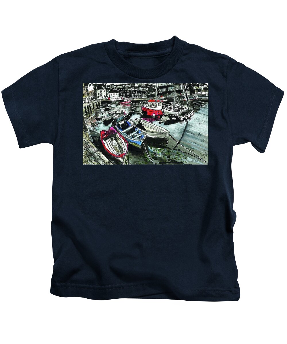 Ink Brush And Line Painting Kids T-Shirt featuring the painting Boats in the Harbor by Eileen Backman