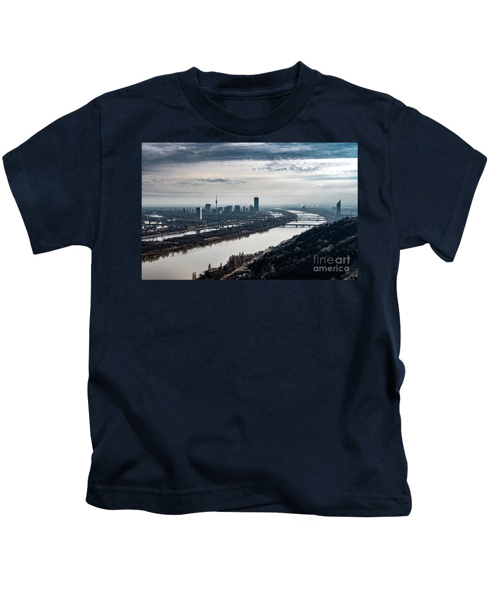 Aerial Kids T-Shirt featuring the photograph City Of Vienna With Suburbs And River Danube In Austria by Andreas Berthold