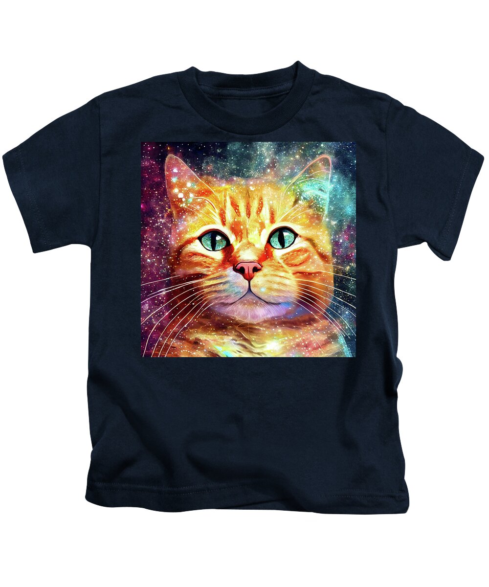 Ginger Cat Kids T-Shirt featuring the digital art Cosmic Ginger Kitty by Mark Tisdale