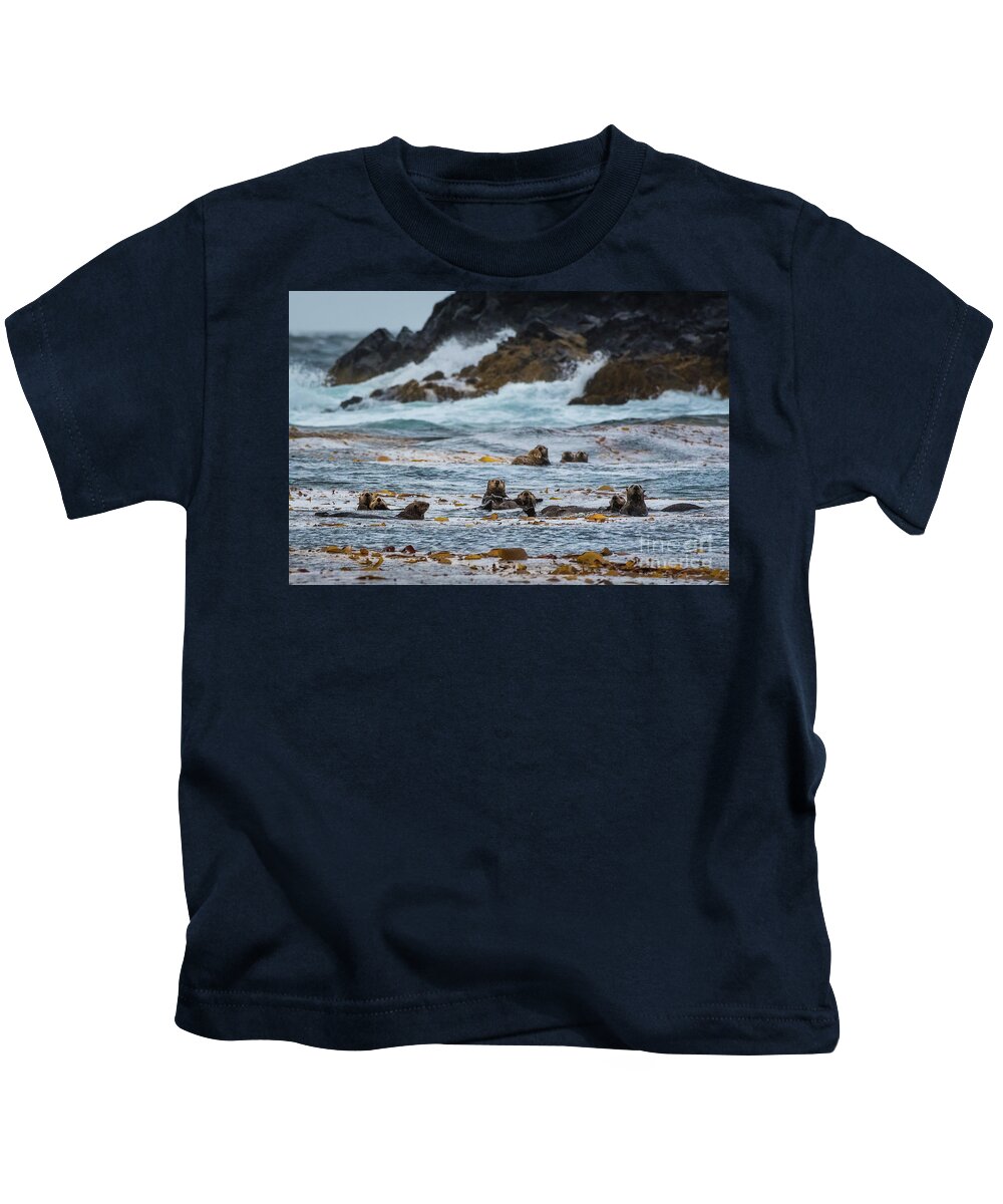 Alaska Kids T-Shirt featuring the photograph Curious Sea Otters in a Raft of Kelp by Nancy Gleason