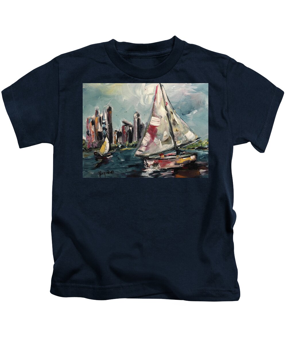 Sailboats Kids T-Shirt featuring the painting Daytime Sailing Chicago by Roxy Rich