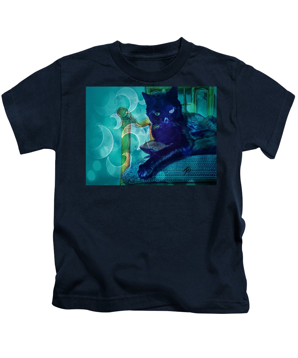 Black Cat Kids T-Shirt featuring the mixed media Dinnertime by Kim Prowse