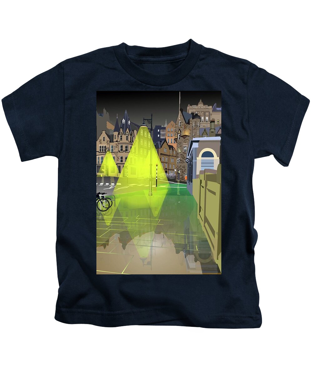 Vector Landscape Art Kids T-Shirt featuring the digital art Edinburgh at Night by Rob Hartman