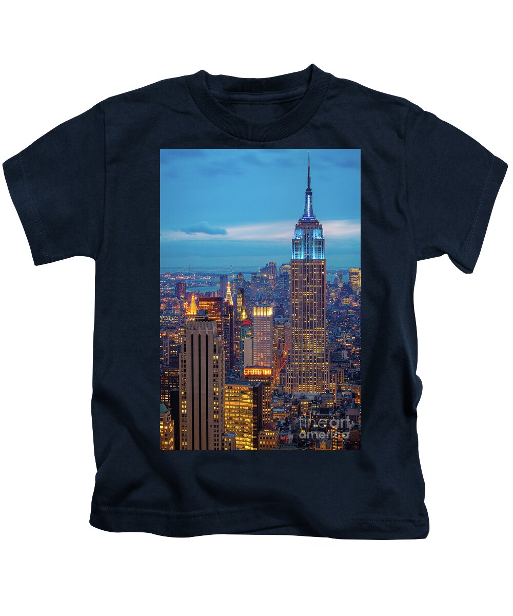 #faatoppicks Kids T-Shirt featuring the photograph Empire State Blue Night by Inge Johnsson