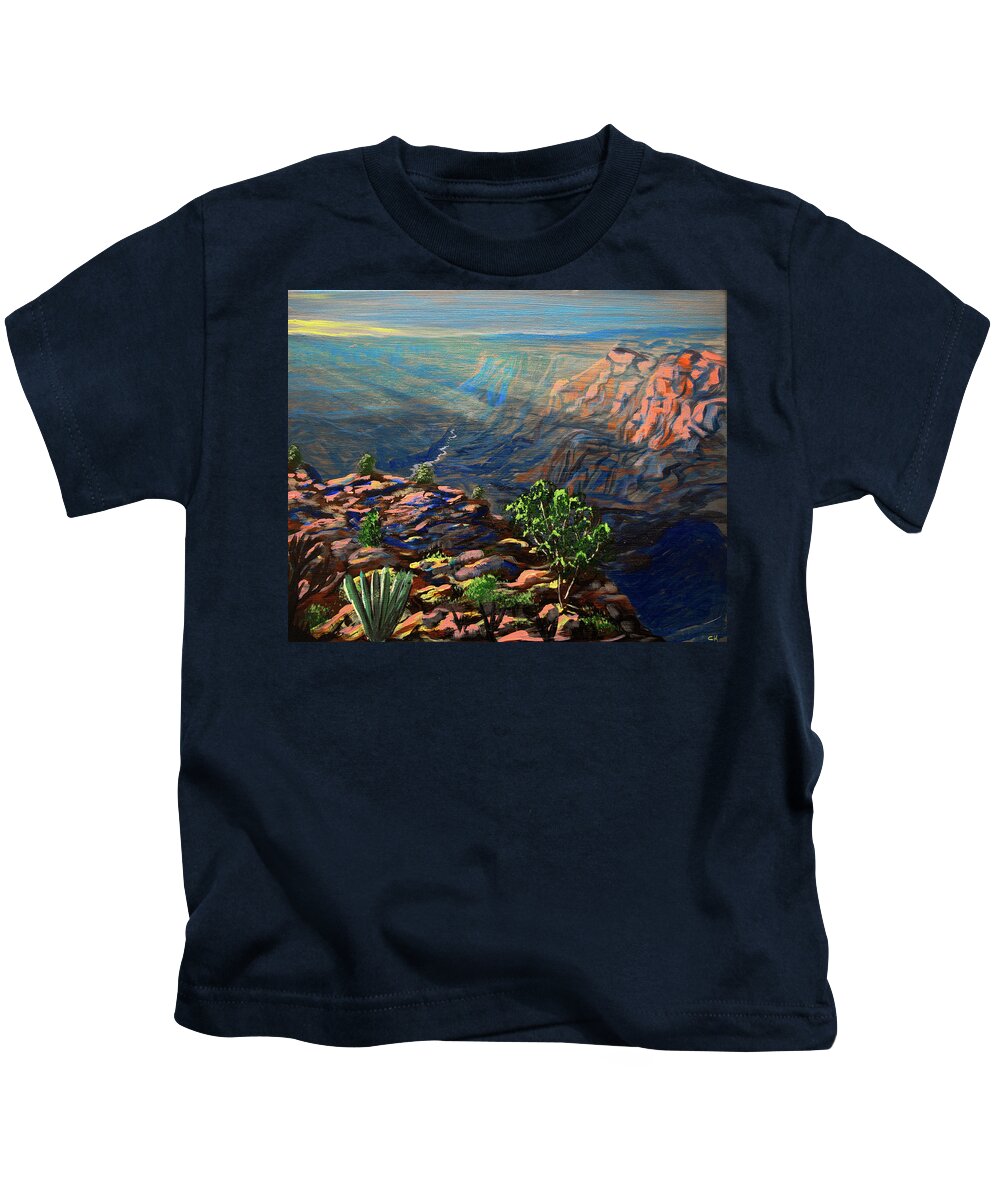 Grand Canyon Kids T-Shirt featuring the painting Grand Canyon Sun Rays at Desert View Point overlooking the Colorado River, Arizona by Chance Kafka