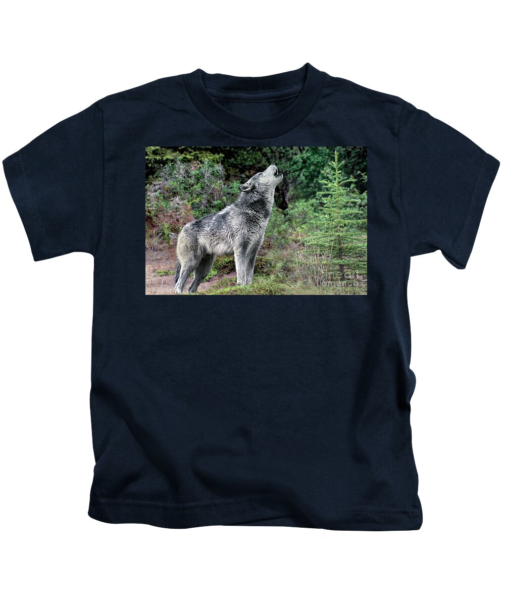 Gray Wolf Kids T-Shirt featuring the photograph Gray Wolf Howling Endangered Species Wildlife Rescue by Dave Welling