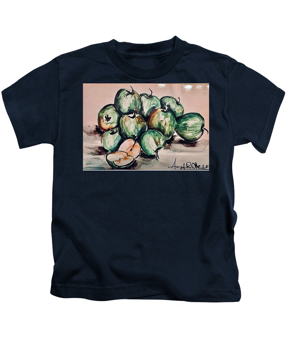  Kids T-Shirt featuring the painting Green Apples by Angie ONeal
