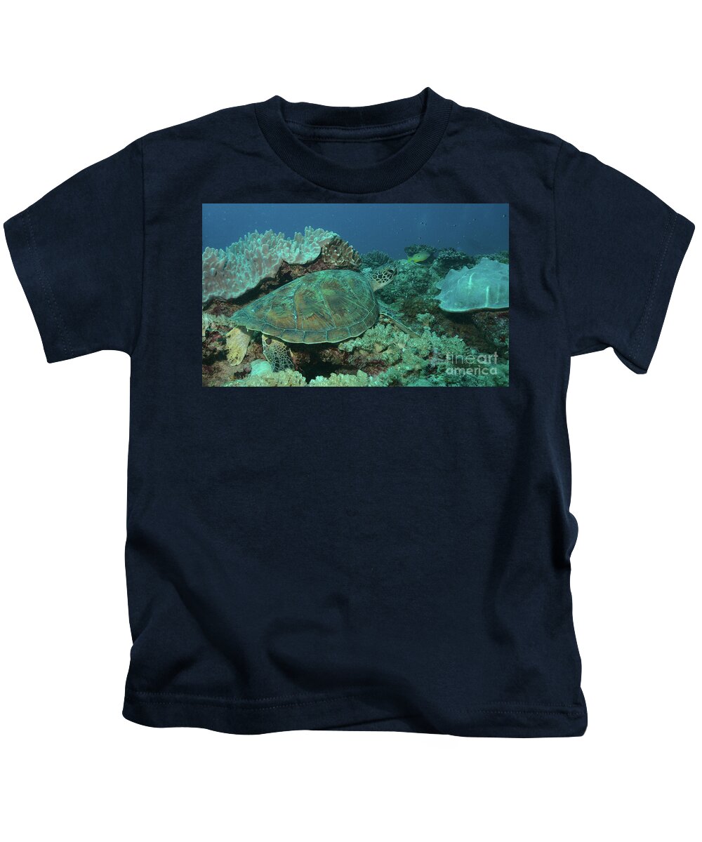 Turtle Kids T-Shirt featuring the photograph Green Sea Turtle Resting On Coral Reef Garden In Watamu Marine Park Kenya With Diver's Bubbles In The Background by Nirav Shah