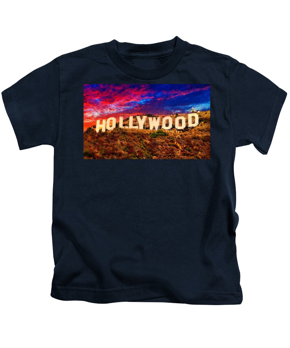 Hollywood Kids T-Shirt featuring the digital art Hollywood sign in the sunset light with a dramatic sky - digital painting by Nicko Prints