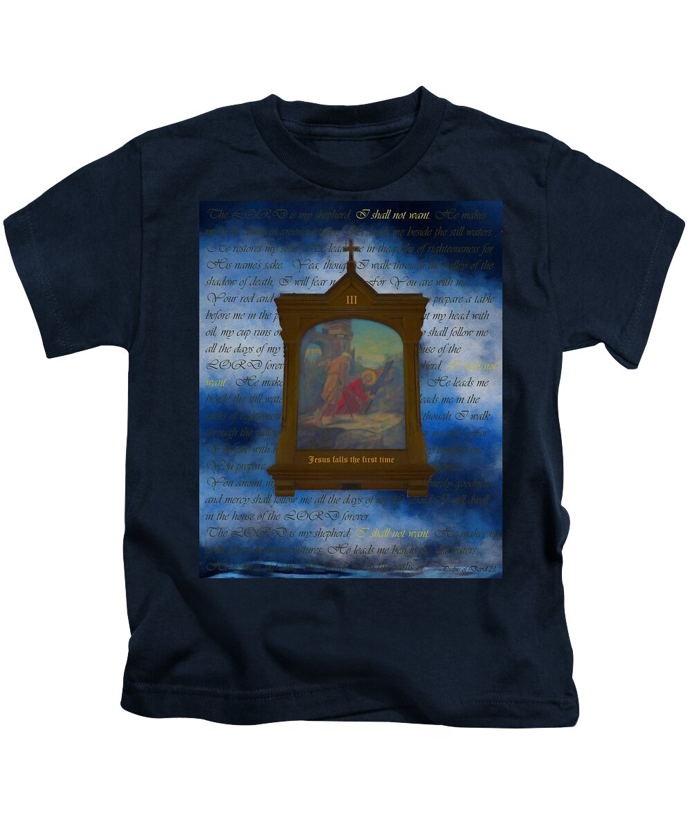 Easter Kids T-Shirt featuring the digital art III Jesus Falls The First Time by Joan Stratton