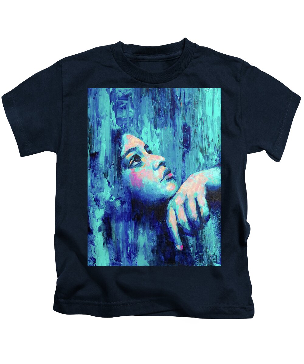 Bold Portrait Painting Kids T-Shirt featuring the painting In and Out of Blues by Luzdy Rivera