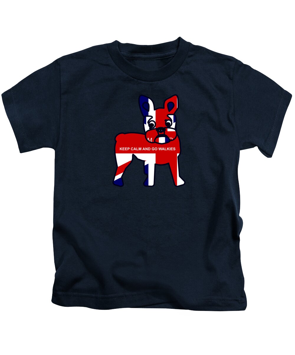 French Kids T-Shirt featuring the digital art Cute French Bulldog Puppy Cartoon Keep Calm and Go Walkies by Barefoot Bodeez Art