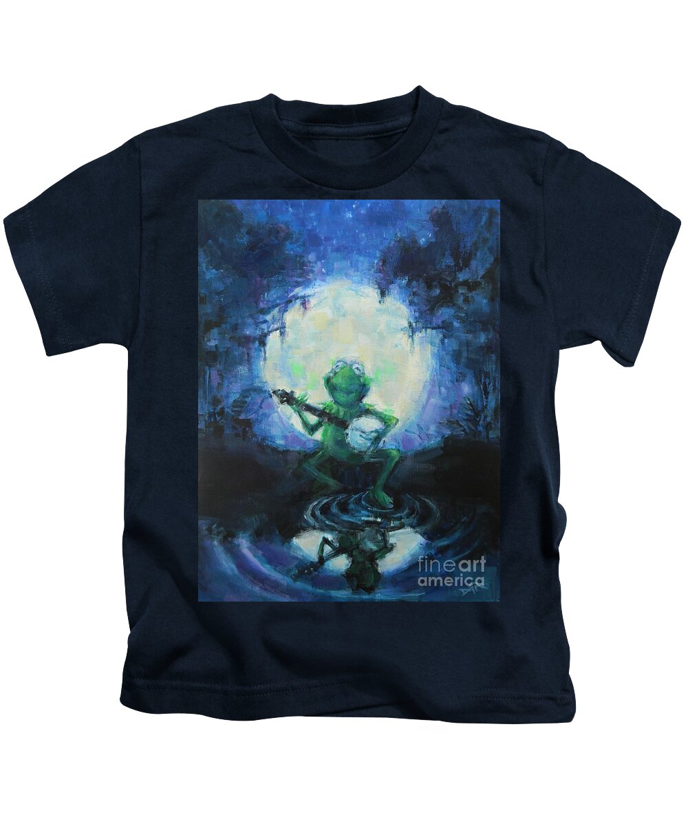 Muppets Kids T-Shirt featuring the painting Kermit Under The Moon by Dan Campbell