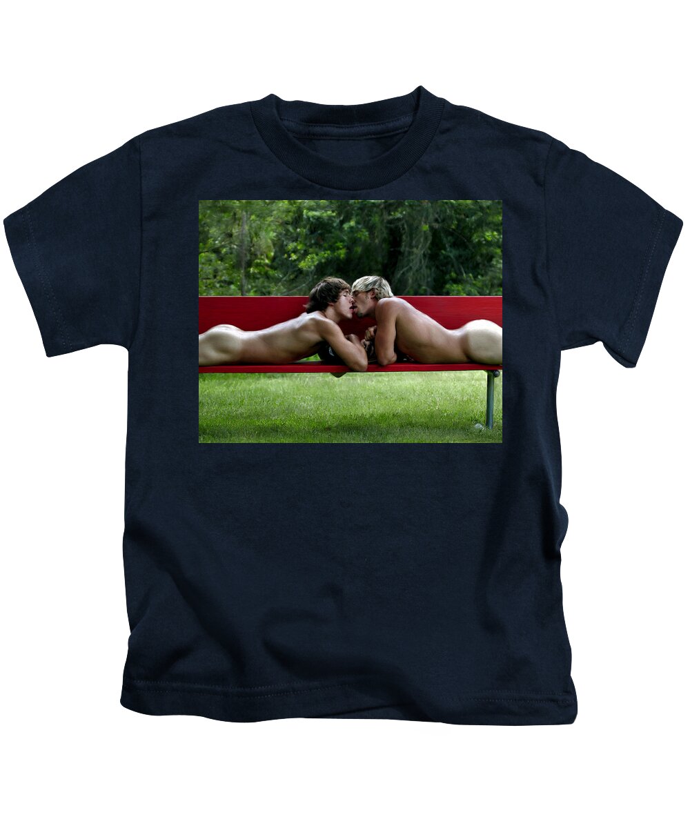 Gay Kids T-Shirt featuring the painting Kiss on a Bench by Troy Caperton