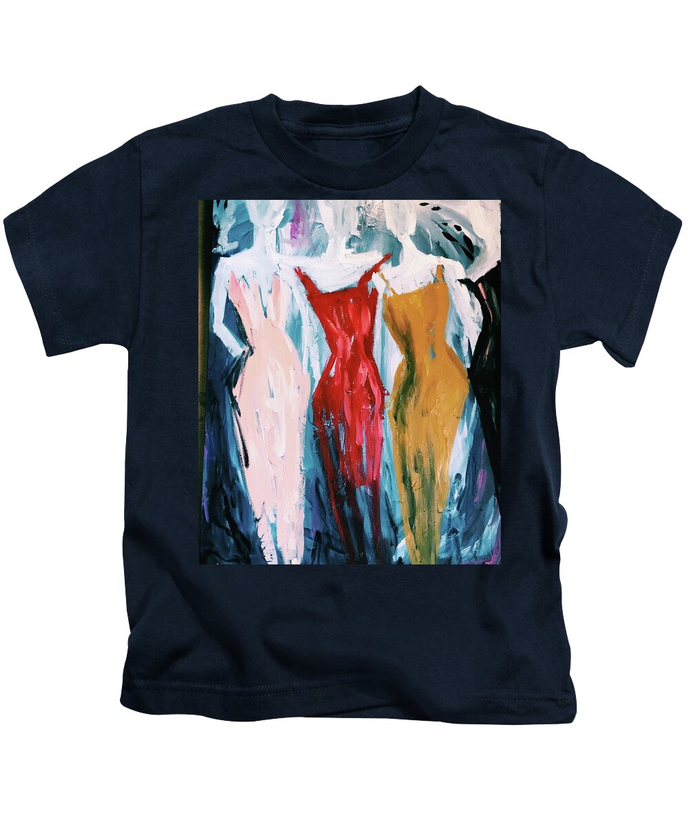 Ladies Bold Bright Dance Glam Glamour Wall Art Red Mustard Pink Black Blue Dancing Kids T-Shirt featuring the painting Ladies Night by Meredith Palmer