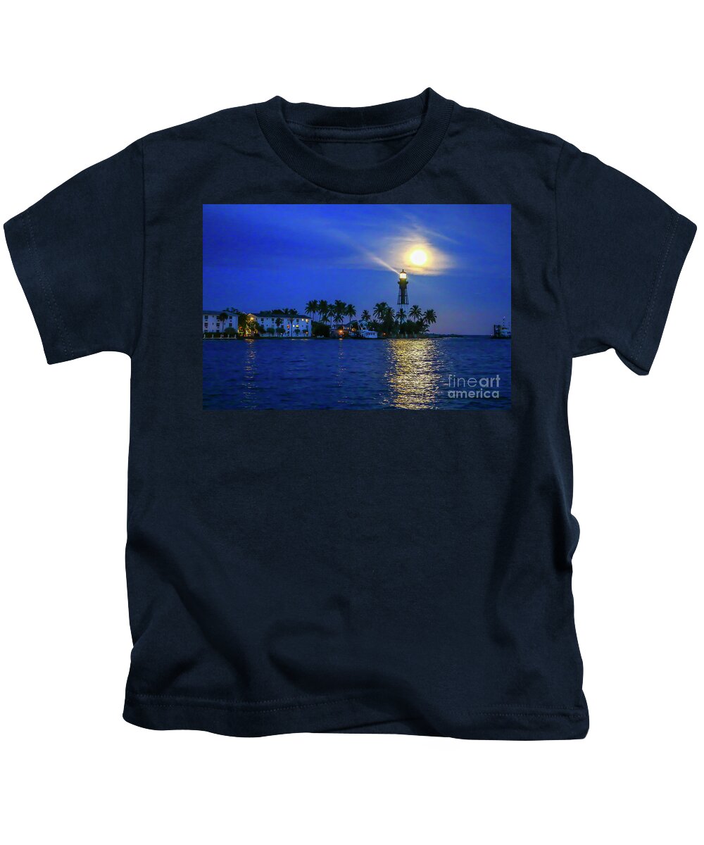 Lighthouse Kids T-Shirt featuring the photograph Light Beams and Moonrise by Tom Claud