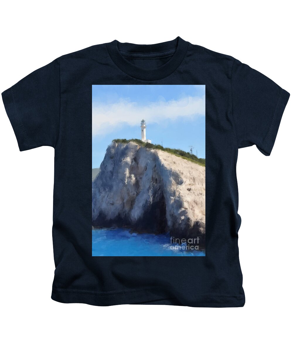 Kids T-Shirt featuring the painting Lighthouse on the Bluff by Gary Arnold