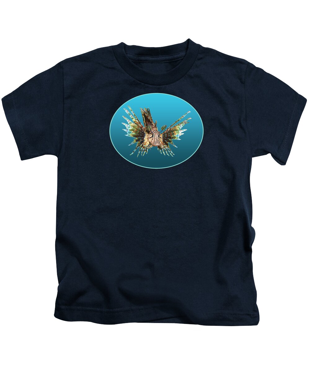 Lionfish Kids T-Shirt featuring the photograph Lionfish - Magnificent portraiture on a blue gradient background - by Ute Niemann