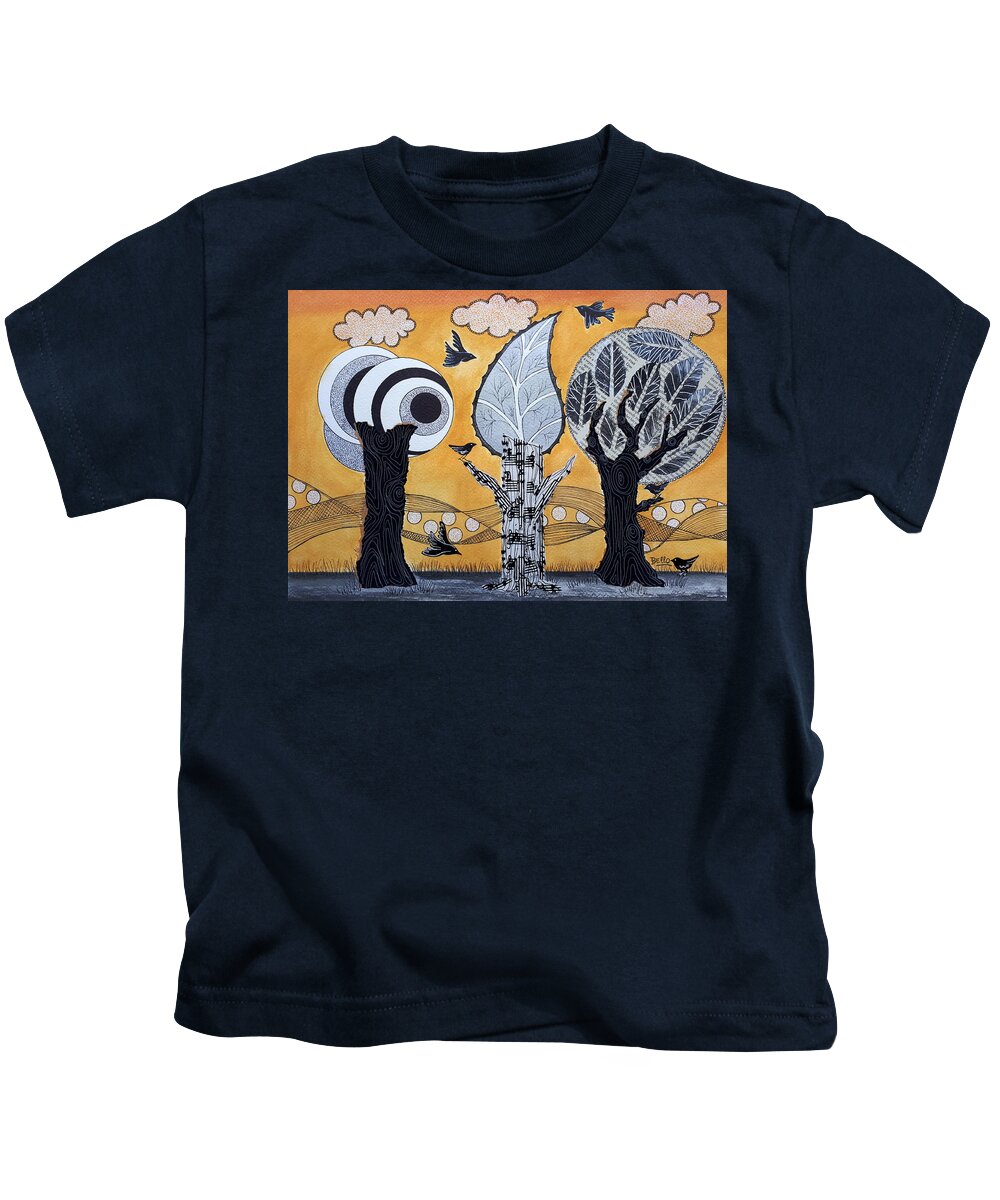Illustration Kids T-Shirt featuring the painting Lovely trees and birds. by Graciela Bello