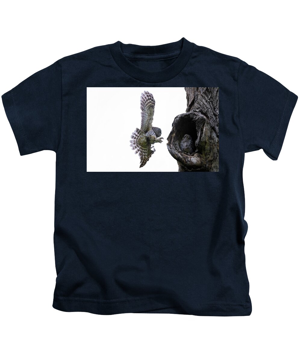 Cute Owlet Kids T-Shirt featuring the photograph Mama Barred Owl approaching its baby by Puttaswamy Ravishankar
