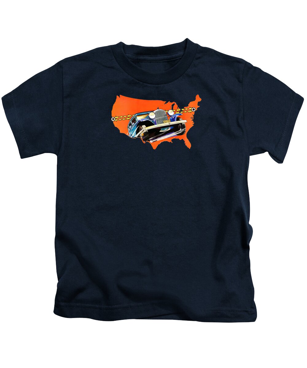Map Kids T-Shirt featuring the painting Map of USA featuring 1930s Chevrolet by Retrographs