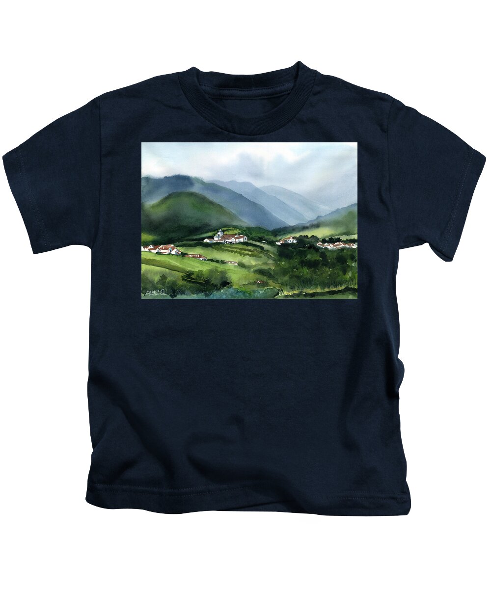 Portugal Kids T-Shirt featuring the painting Misty Morning in Sao Miguel Azores Portugal by Dora Hathazi Mendes