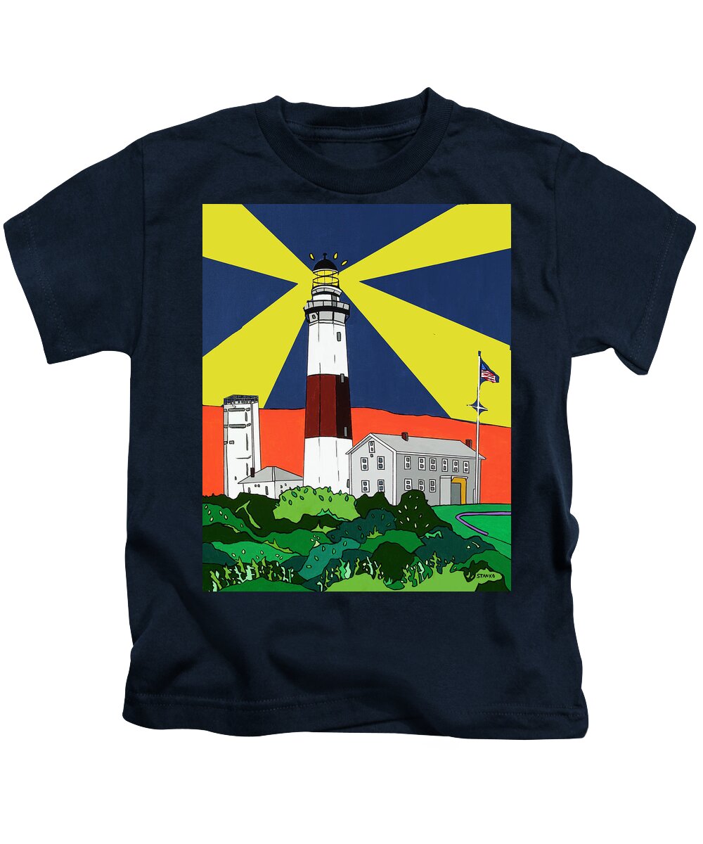 Montauk Point Lighthouse Longisland Eastend Kids T-Shirt featuring the painting Montauk Light House by Mike Stanko