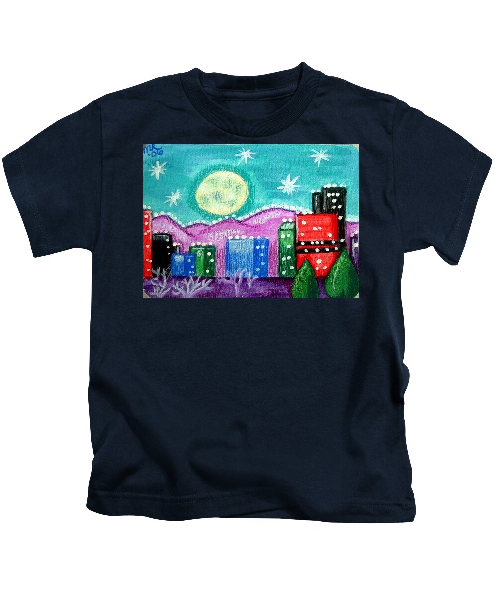 Cityscape Kids T-Shirt featuring the painting Moonlit Cityscape by Monica Resinger