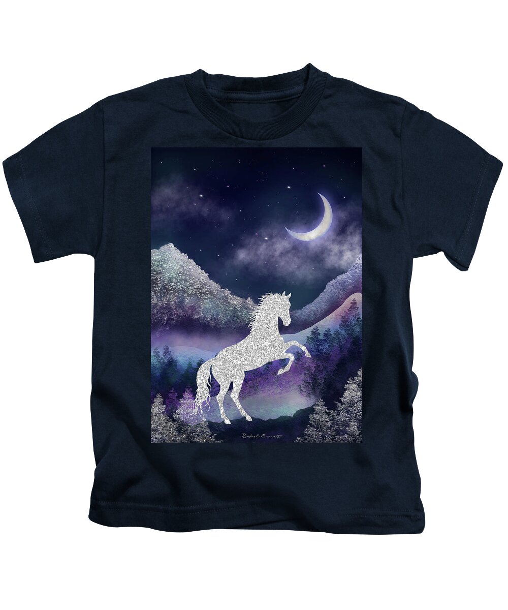 Horse Kids T-Shirt featuring the painting Moonlit Wild Horse by Rachel Emmett