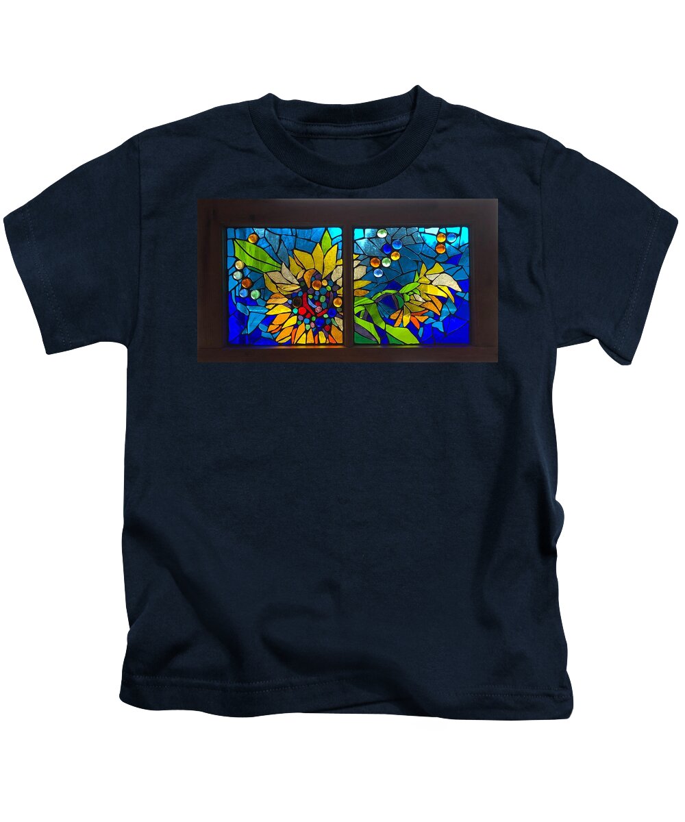 Mosaic Kids T-Shirt featuring the glass art Mosaic stained glass - Sunflowers by Catherine Van Der Woerd